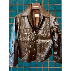 Russ Vintage Faux Leather Shacket Medium Brown Gold Crest Buttons